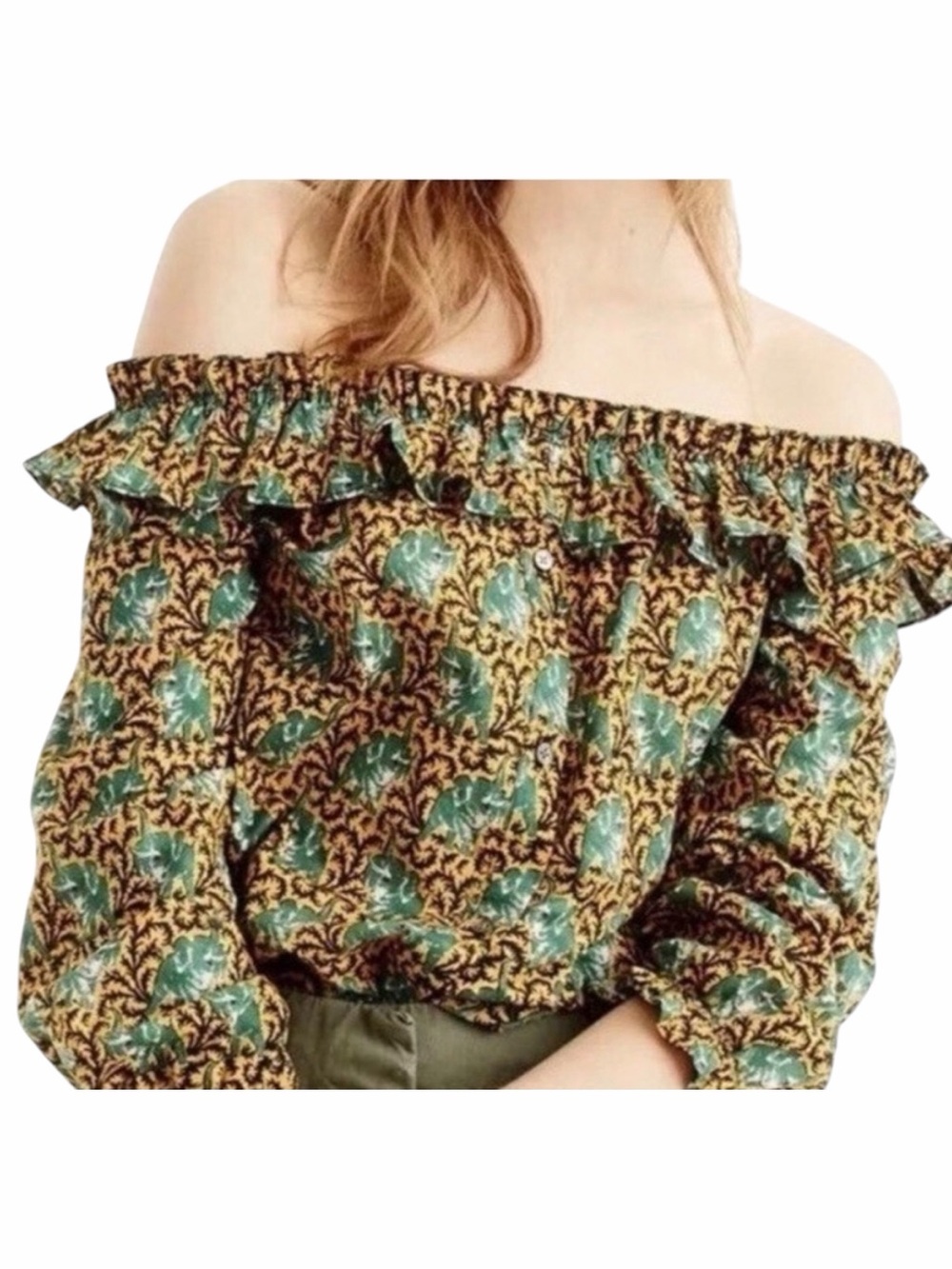 NWT J.Crew Ratti Elephant Print Off Shoulder Cotton Blouse Women’s 4